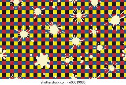 Seamless pattern. Colored blots on a plaid background. Grungy textiles. Wallpaper for children. Flat. Cartoon.