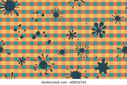 Seamless pattern. Colored blots on a plaid background. Grungy textiles. Wallpaper for children. Flat. Cartoon.