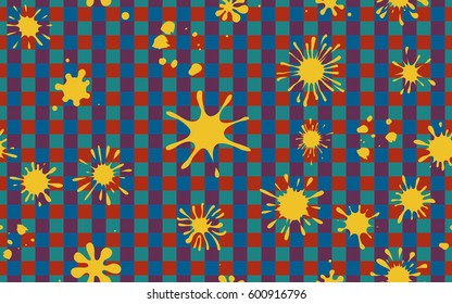 Seamless pattern. Colored blots on a plaid background. Grungy textiles. Wallpaper for children. Flat. Cartoon.
