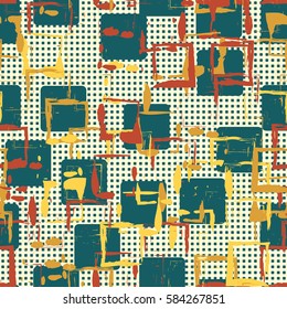 Seamless pattern. Colored blots. Square prints. Chaos of colors. Grunge image. Flat. Cartoon.