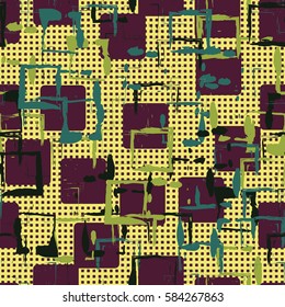 Seamless pattern. Colored blots. Square prints. Chaos of colors. Grunge image. Flat. Cartoon.