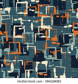 Seamless pattern. Colored blots. Square prints. Chaos of colors. Grunge image. Flat. Cartoon.