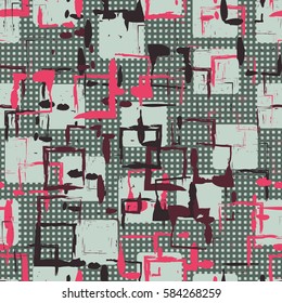 Seamless pattern. Colored blots. Square prints. Chaos of colors. Grunge image. Flat. Cartoon.