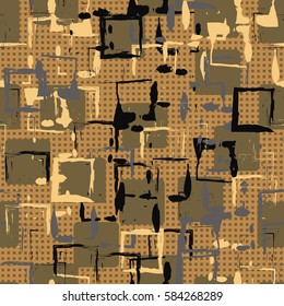 Seamless pattern. Colored blots. Square prints. Chaos of colors. Grunge image. Flat. Cartoon.