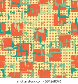 Seamless pattern. Colored blots. Square prints. Chaos of colors. Grunge image. Flat. Cartoon.