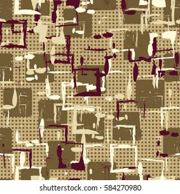 Seamless pattern. Colored blots. Square prints. Chaos of colors. Grunge image. Flat. Cartoon.