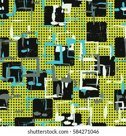 Seamless pattern. Colored blots. Square prints. Chaos of colors. Grunge image. Flat. Cartoon.