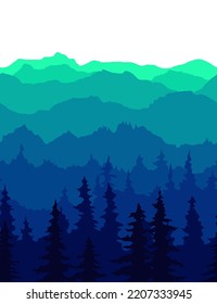 Seamless pattern of colored blue gradient mountains with pine trees. Vector illustration isolated on white.