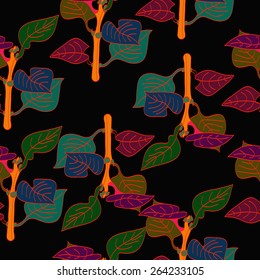 Seamless pattern of colored branches, leaves. Hand drawn.