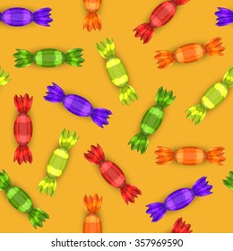 Seamless pattern of colored, bright candy on a yellow background