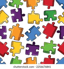 Seamless pattern with colored bright jigsaw puzzle pieces on white background. Hand drawn vector sketch illustration in engraving doodle outline vintage line art style. Autism, games, leisure