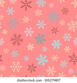 Seamless  pattern of colored bright snowflakes on a red background