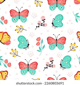 seamless pattern with colored butterflies and flowers isolated on white background, decoration for wrapping paper or wallpaper, design with flying moths, colorful flat vector illustration