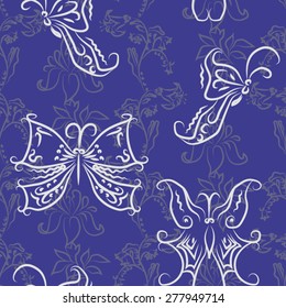 Seamless pattern with colored butterflies and flowers