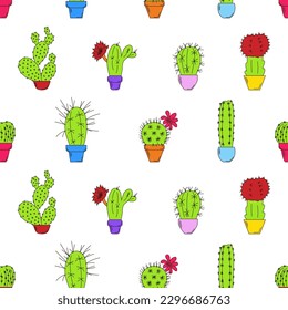 Seamless pattern with colored cacti in pots with outline, vector illustration