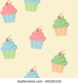 Seamless pattern with colored cake with a cherry on a yellow background in flat style