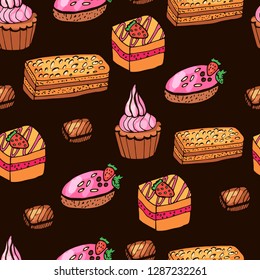 Seamless pattern of colored cakes on a black background. Cake