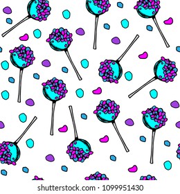 seamless pattern colored with candies and lollipops, sketches hand drawing, vector illustration