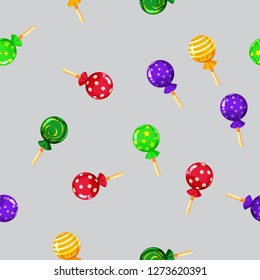 Seamless pattern colored candy lollipop, caramel on stick. Cute ornament for packaging, fabric, background, banner, poster, vector, illustration, isolated, cartoon style