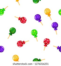 Seamless pattern colored candy lollipop, caramel on stick. Cute ornament for packaging, fabric, background, banner, poster, vector, illustration, isolated, cartoon style