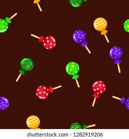 Seamless pattern colored candy lollipop, caramel on stick. Cute ornament for packaging, fabric, background, banner, poster, vector, illustration, isolated, cartoon style