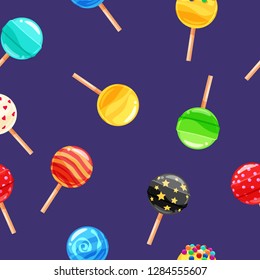 Seamless pattern colored candy lollipop, caramel on stick. Cute ornament for packaging, fabric, background, banner, poster, vector, illustration, isolated, cartoon style