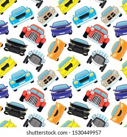 Seamless pattern with colored cars on a white background.