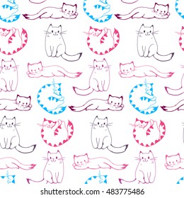 Seamless pattern with colored cartoon cats. Hand-drawn illustration. Vector.  