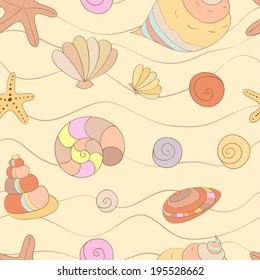 Seamless pattern of colored cartoon hand drawing seashells and stars