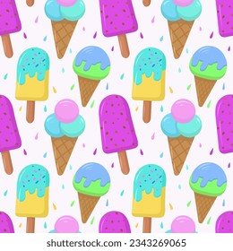 Seamless pattern with colored cartoon ice cream highlighted on a white background. Vector seamless pattern with ice cream. Bright and juicy, seamless pattern.