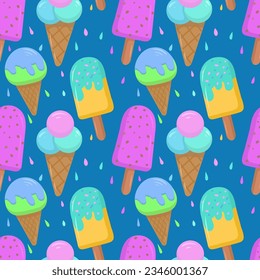 Seamless pattern with colored cartoon ice cream, on a blue background. Vector seamless pattern with ice cream. Bright and juicy, seamless pattern.