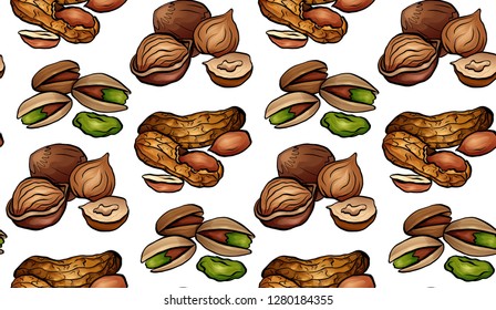 Seamless pattern with colored cartoon nuts on a white background. Peanuts, hazelnut, pistachios. Vector texture for wallpaper, fabrics, menus and your design.