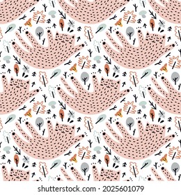 Seamless pattern with colored cat, autumn, trees, leaves, mushrooms on a white background. Hand drawn doodle vector. Scandinavian style. Perfect for textile, fabric, wallpaper, t-shirt print