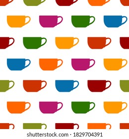 Seamless pattern of colored ceramic cups of coffee or tea, simple background with crockery for your design
