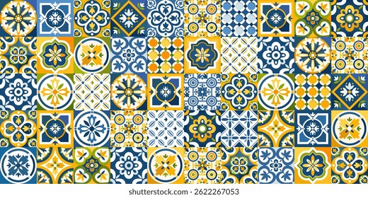 Seamless pattern of colored ceramic tiles in Mediterranean style. A set of glazed tiles with stylized Italian painting. For textiles, covers, paper and more. Illustrated clipart. Hand draw no ai.