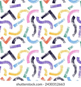 Seamless pattern with Colored chalk stripes. Hand drawn charcoal lines and squiggles, scribbles. Vector crayon dry brush marker drawing. Freehand different wide stripes set 