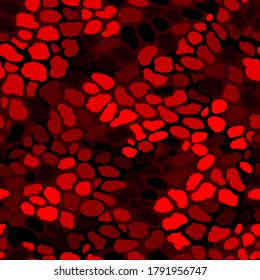 Nahtloses Muster mit farbigen chaotischen Steinen. Abstrakter, moderner, endloser Hintergrund in leuchtenden roten Lavafarben. Vektorgrafik.