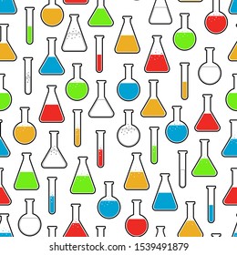 Seamless pattern with colored chemistry flasks. 