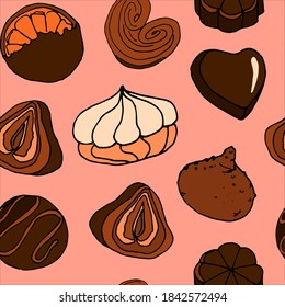 Seamless pattern with colored chocolate sweets isolated on pink background. Template, textile, wrapping, cover, table cloth, banner, scrapbook background.