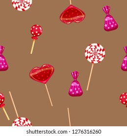 Seamless pattern of colored chocolates in a pack, swirl caramel, chocolate. Cute ornament for packaging, fabric, background, banner, poster, vector, illustration, isolated, cartoon style