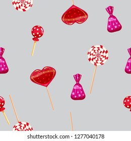 Seamless pattern of colored chocolates in a pack, swirl caramel, chocolate. Cute ornament for packaging, fabric, background, banner, poster, vector, illustration, isolated, cartoon style