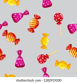 Seamless pattern of colored chocolates in a pack, caramel, chocolate. Cute ornament for packaging, fabric, background, banner, poster, vector, illustration, isolated, cartoon style