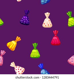 Seamless pattern of colored chocolates in a pack, caramel, chocolate. Cute ornament for packaging, fabric, background, banner, poster, vector, illustration, isolated, cartoon style