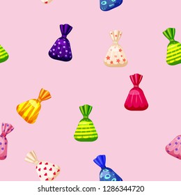 Seamless pattern of colored chocolates in a pack, caramel, chocolate. Cute ornament for packaging, fabric, background, banner, poster, vector, illustration, isolated, cartoon style