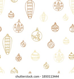 seamless pattern of colored Christmas balls. Christmas background for design and decoration. Vector pattern of balls drawn in the Doodle style. Golden colors on a white background.