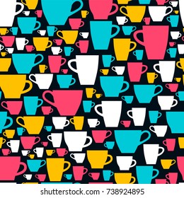 Seamless pattern with colored coffee cups. Vector illustration.