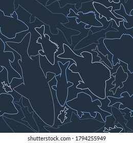  Seamless pattern from a colored contour of fish on a dark blue backdrop.