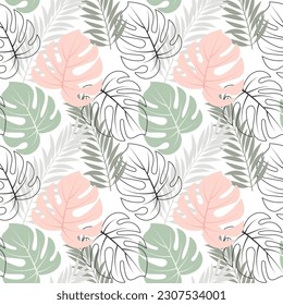 Seamless pattern with colored and contour tropical monstera leaves. Pastel colors. Print, background, textile, template, vector