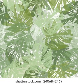 Seamless pattern with colored and contour tropical monstera leaves.  Monstera leaf outlines in seamless pattern. 