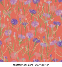Seamless Pattern with Colored Cornflower Placed in Layers with. Optical Illusion of Depth Created by Color and Order and opacity. Seamless Pattern for Print, Packaging, Web Usage.